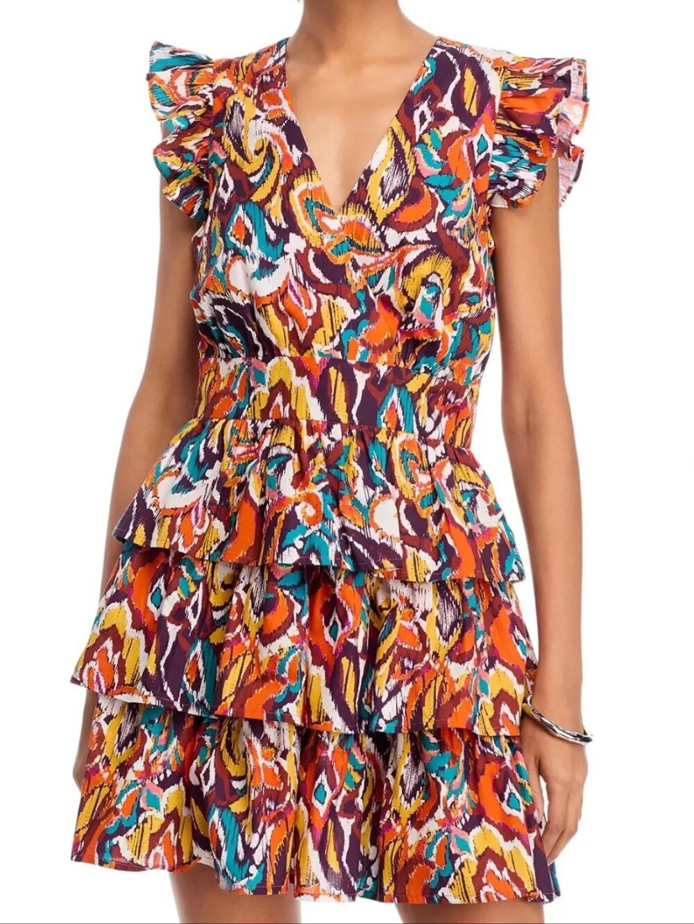 Aqua Ikat Silo Tiered Ruffle Mini Dress Size M Faux Wrap Bodice